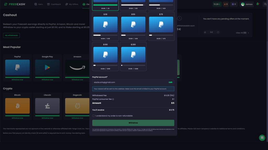 Cashout Page - Desktop