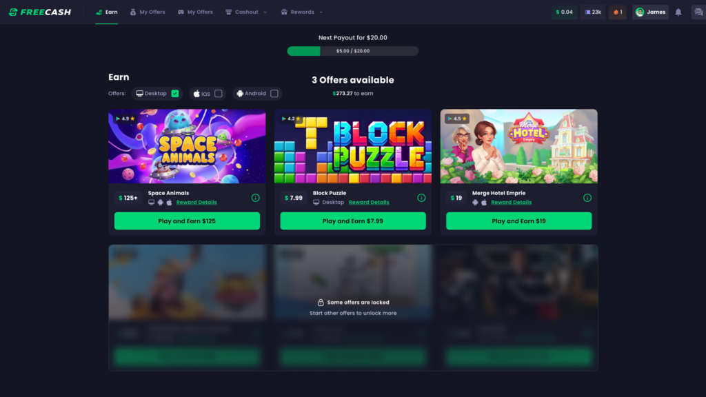 Freecash Earn Page Desktop