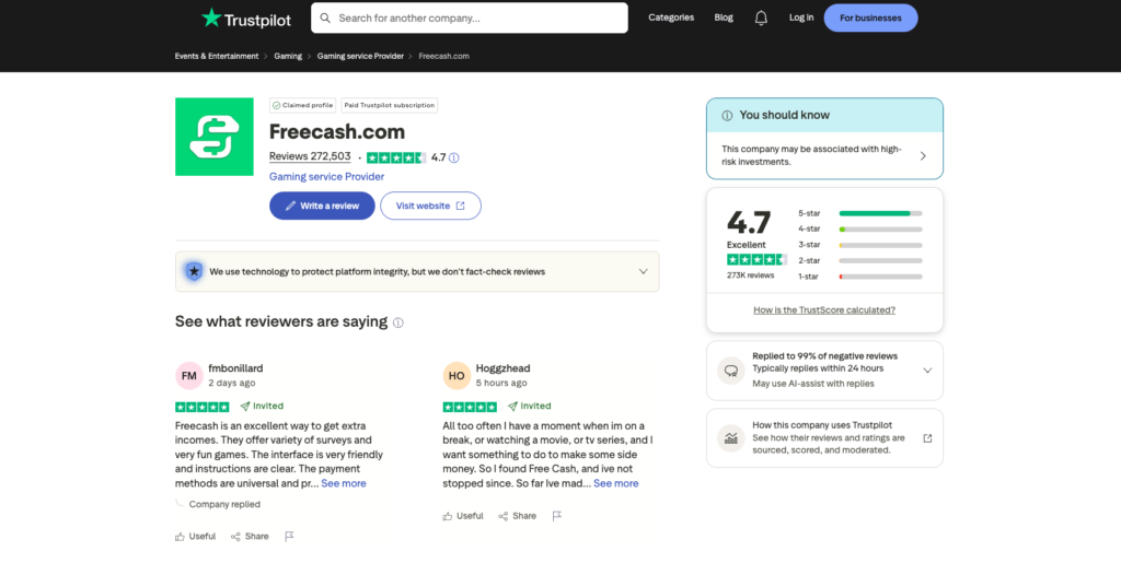 Freecash Trustpilot reviews